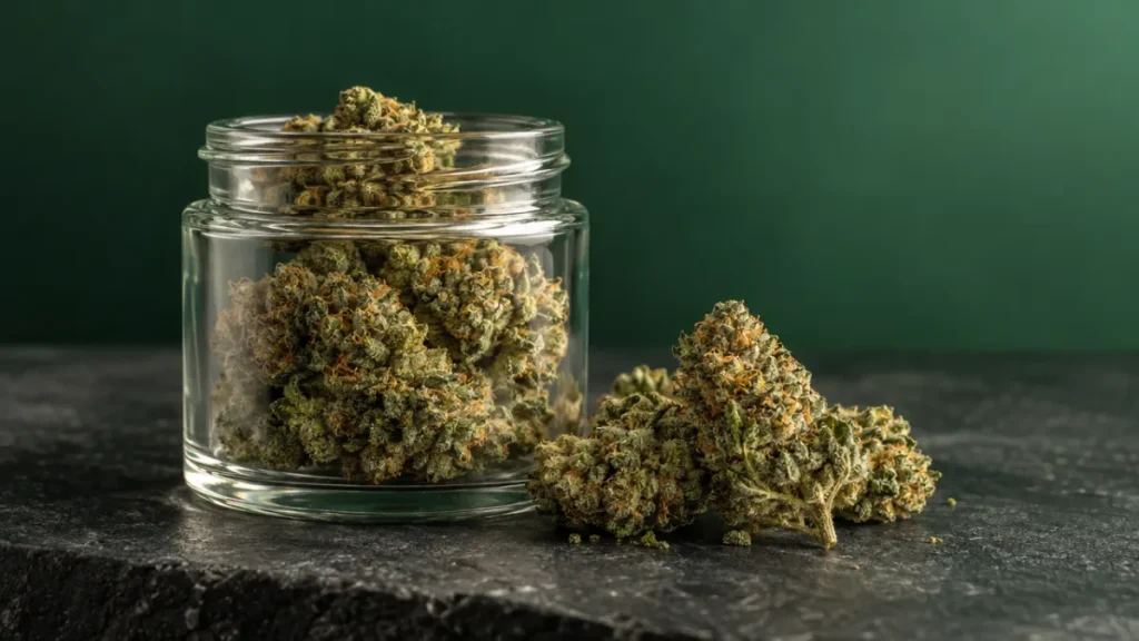 Cannabis flower buds in a glass jar at Say High DC, Washington DC